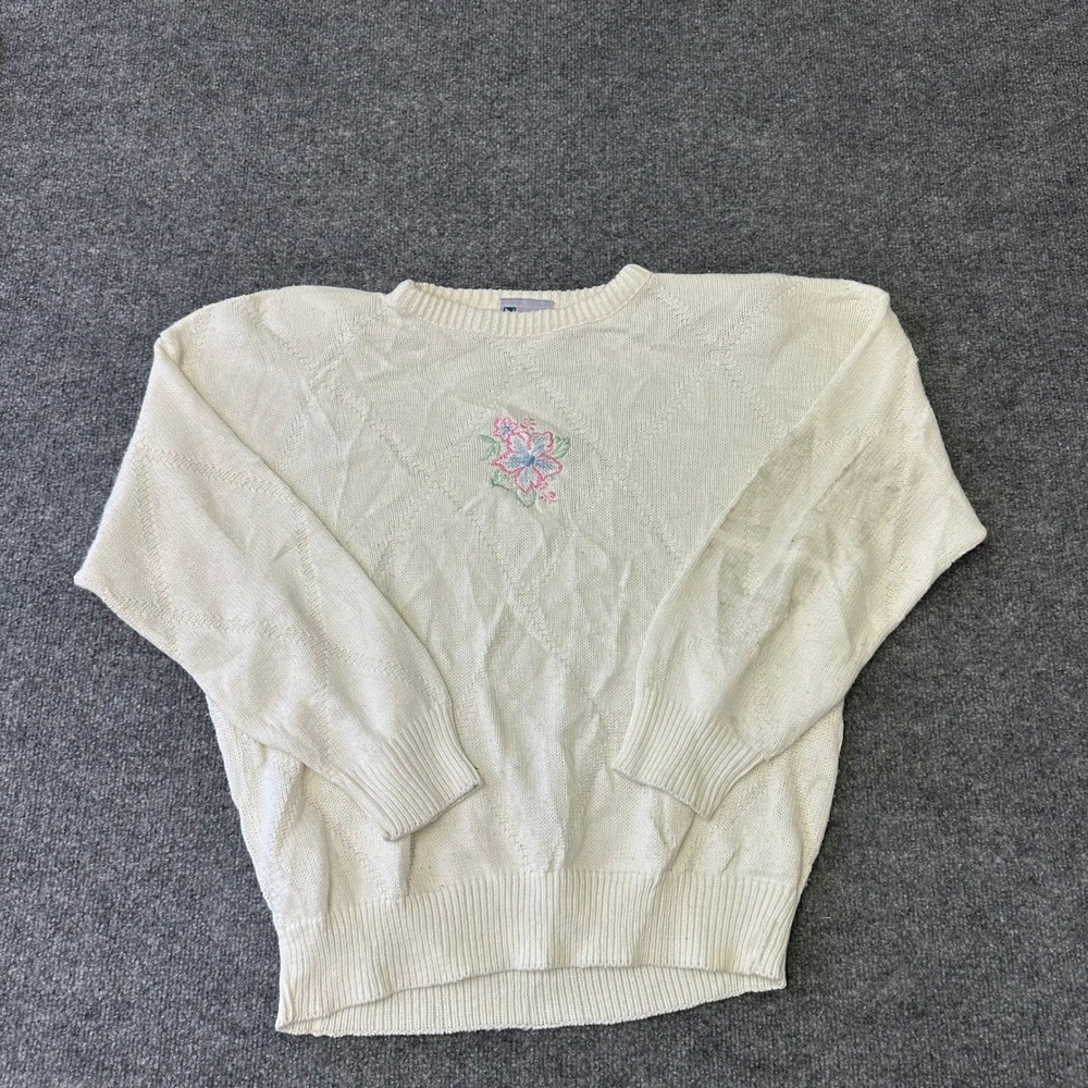 Needles Up Sweater Womens Size L Cream Floral Embroidered Diamond Knit Casual
